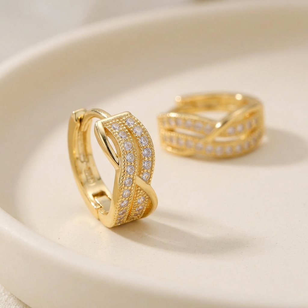 AI-generated Crisscross Pavé Huggies crossover and cubic zirconia detail
