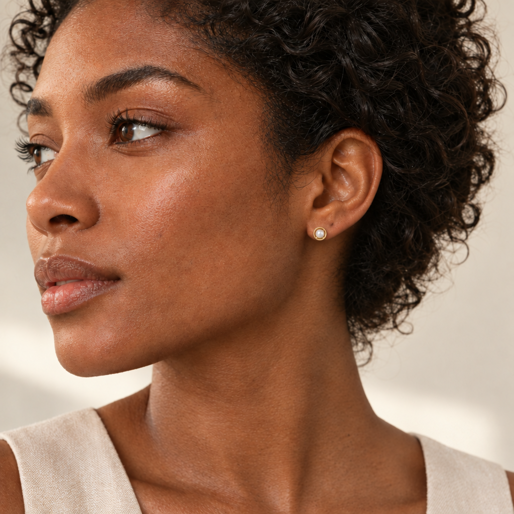 AI-generated model wearing Pearl Halo Studs, profile with smaller earrings